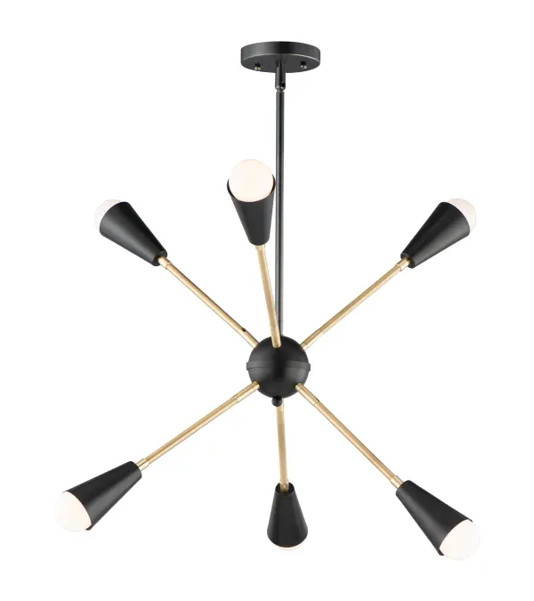 A classic mid-century look, the Lovell collection features two sizes of sputnik chandeliers and streamlined sconces perfect for bath vanity applications. Available in a Black/Satin Brass finish combination. Light bulbs nest inside the metal cones to become an element of the design.