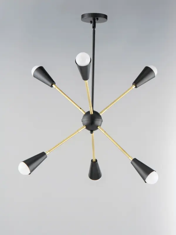 A classic mid-century look, the Lovell collection features two sizes of sputnik chandeliers and streamlined sconces perfect for bath vanity applications. Available in a Black/Satin Brass finish combination. Light bulbs nest inside the metal cones to become an element of the design. - alternate view