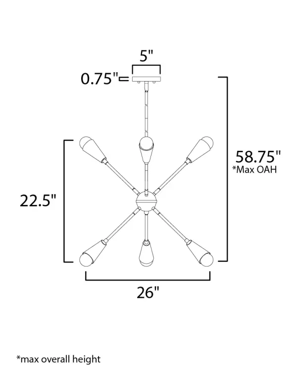 A classic mid-century look, the Lovell collection features two sizes of sputnik chandeliers and streamlined sconces perfect for bath vanity applications. Available in a Black/Satin Brass finish combination. Light bulbs nest inside the metal cones to become an element of the design. - alternate view