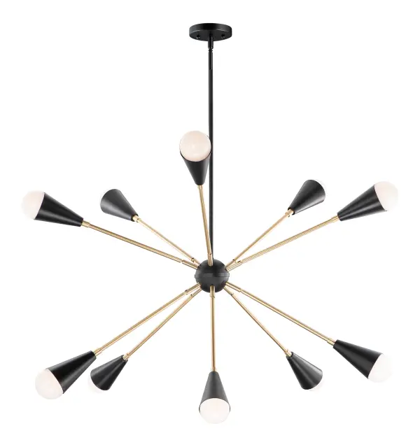 A classic mid-century look, the Lovell collection features two sizes of sputnik chandeliers and streamlined sconces perfect for bath vanity applications. Available in a Black/Satin Brass finish combination. Light bulbs nest inside the metal cones to become an element of the design.