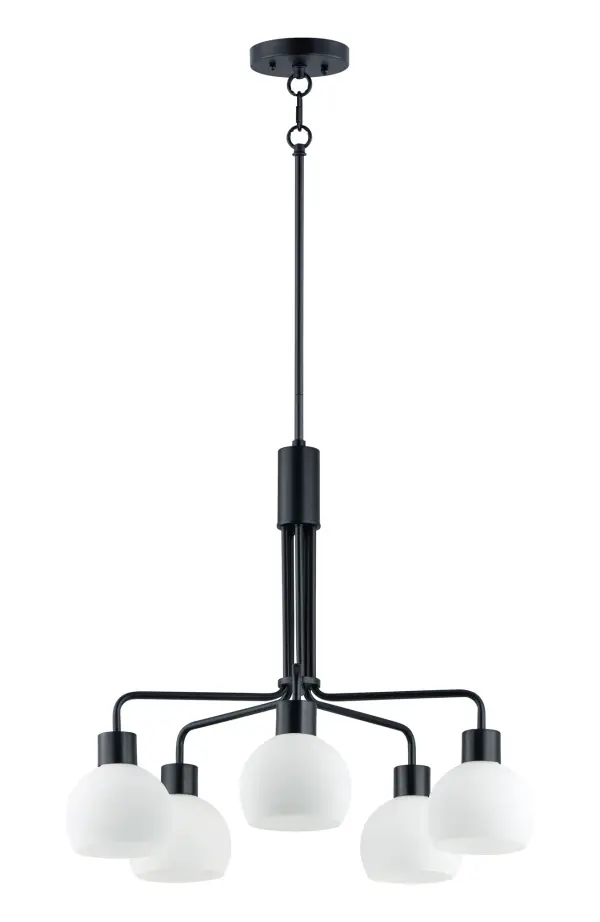 A charming collection of farmhouse inspired design. Satin White glass domes suspend from individually distributed tube arms. Available in Black, Satin Nickel, and a Bronze/Satin Brass combination. This transitional look offers an updated look for both traditional and modern settings.