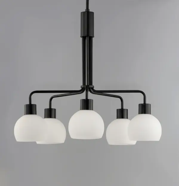 A charming collection of farmhouse inspired design. Satin White glass domes suspend from individually distributed tube arms. Available in Black, Satin Nickel, and a Bronze/Satin Brass combination. This transitional look offers an updated look for both traditional and modern settings. - alternate view