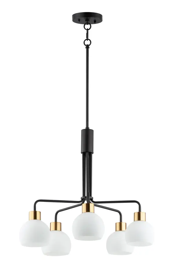 A charming collection of farmhouse inspired design. Satin White glass domes suspend from individually distributed tube arms. Available in Black, Satin Nickel, and a Bronze/Satin Brass combination. This transitional look offers an updated look for both traditional and modern settings.