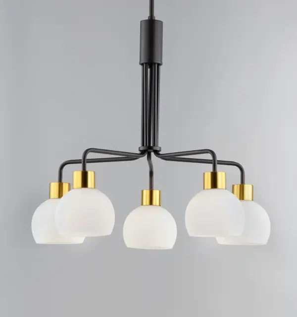 A charming collection of farmhouse inspired design. Satin White glass domes suspend from individually distributed tube arms. Available in Black, Satin Nickel, and a Bronze/Satin Brass combination. This transitional look offers an updated look for both traditional and modern settings. - alternate view