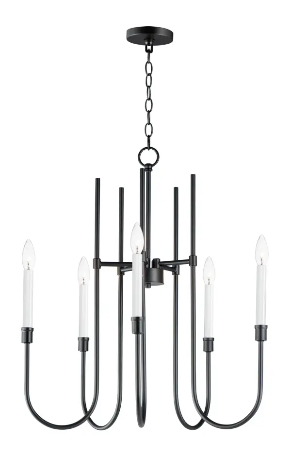 Updating the traditional chandelier form, the Tux collection uses elongated sweeping lines evocative of the mid-20th century and stripped down ornamentation to create a transitional lighting product relevant again. The two-tone Black and White powder coated finish offers a neutral color palette, which coordinates perfectly with a variety of settings. Use decorative tubular bulbs or globes to dress up the design, or keep it classic with candelabra lamps.