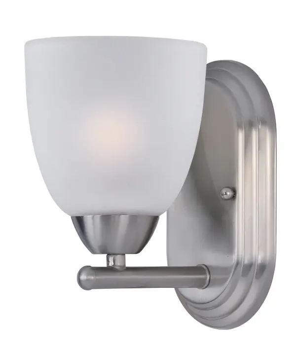 This transitional design works in any style home. Full length oval backplates support simple bell-shaped, Frosted glass shades. Available in Satin Nickel, Matte Black, and Polished Chrome. Collection: Axis Finish: Satin Nickel Glass: Frosted Width: 5.00" Height: 8.00" Weight: 1.56 lb Extension from Wall: 6.50" Canopy: 8"x4.75" Number of Bulbs: 1 Maximum Wattage: 60.00 W Bulb Type: A19 Bulb Base: E26 Medium Light Source: Incandescent Dimmable Voltage: 120.00 V Material: Steel, Glass Safety Listing: cULus Safety Rating: Damp Manufacturer Warranty: 1 Spec Sheet Instructions Parts Diagram