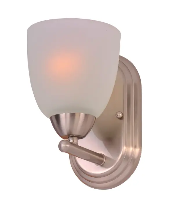 This transitional design works in any style home. Full length oval backplates support simple bell-shaped, Frosted glass shades. Available in Satin Nickel, Matte Black, and Polished Chrome. Collection: Axis Finish: Satin Nickel Glass: Frosted Width: 5.00" Height: 8.00" Weight: 1.56 lb Extension from Wall: 6.50" Canopy: 8"x4.75" Number of Bulbs: 1 Maximum Wattage: 60.00 W Bulb Type: A19 Bulb Base: E26 Medium Light Source: Incandescent Dimmable Voltage: 120.00 V Material: Steel, Glass Safety Listing: cULus Safety Rating: Damp Manufacturer Warranty: 1 Spec Sheet Instructions Parts Diagram - alternate view