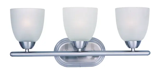 This transitional design works in any style home. Full length oval backplates support simple bell-shaped, Frosted glass shades. Available in Satin Nickel, Matte Black, and Polished Chrome. Collection: Axis Finish: Polished Chrome Glass: Frosted Width: 21.00" Height: 8.50" Weight: 3.75 lb Extension from Wall: 6.50" Canopy: 4.75"x8" Number of Bulbs: 3 Maximum Wattage: 60.00 W Bulb Type: A19 Bulb Base: E26 Medium Light Source: Incandescent Dimmable Voltage: 120.00 V Material: Steel, Glass Safety Listing: cULus Safety Rating: Damp Manufacturer Warranty: 1 Spec Sheet Instructions Parts Diagram