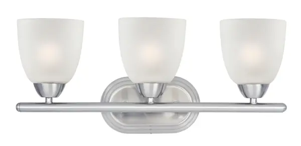 This transitional design works in any style home. Full length oval backplates support simple bell-shaped, Frosted glass shades. Available in Satin Nickel, Matte Black, and Polished Chrome. Collection: Axis Finish: Satin Nickel Glass: Frosted Width: 21.00" Height: 8.50" Weight: 3.75 lb Extension from Wall: 6.50" Canopy: 4.75"x8" Number of Bulbs: 3 Maximum Wattage: 60.00 W Bulb Type: A19 Bulb Base: E26 Medium Light Source: Incandescent Dimmable Voltage: 120.00 V Material: Steel, Glass Safety Listing: cULus Safety Rating: Damp Manufacturer Warranty: 1 Spec Sheet Instructions Parts Diagram