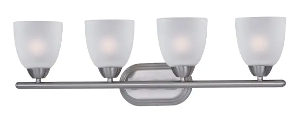 This transitional design works in any style home. Full length oval backplates support simple bell-shaped, Frosted glass shades. Available in Satin Nickel, Matte Black, and Polished Chrome. Collection: Axis Finish: Satin Nickel Glass: Frosted Width: 28.50" Height: 8.50" Weight: 6.40 lb Extension from Wall: 6.50" Canopy: 4.75"x8" Number of Bulbs: 4 Maximum Wattage: 60.00 W Bulb Type: A19 Bulb Base: E26 Medium Light Source: Incandescent Dimmable Voltage: 120.00 V Material: Steel, Glass Safety Listing: cULus Safety Rating: Damp Manufacturer Warranty: 1 Spec Sheet Instructions Parts Diagram