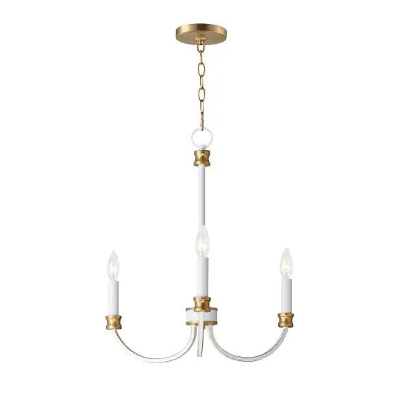 A lovely candelabra style collection with rich accents. This seemingly simple chandelier highlights classically curving accents in a stately combination of Black with Antique Brass accents or chic Weathered White with Gold Leaf accents. Taking a streamlined approach to the archetypal chandelier form, this series updates uses squared tubing to subtly modernize an approachable design with exposed candelabra lighting. Collection: Charlton Finish: Weathered White/Gold Leaf Width: 20.00" Height: 21.00" Weight: 3.15 lb Chain: 36" Wire: 120" Canopy: 5"x5"x0.75" Number of Bulbs: 3 Maximum Wattage: 60.00 W Bulb Type: B10 Bulb Base: E12 Candelabra Light Source: Incandescent Dimmable Rated Average Life: 2500 Voltage: 120.00 V Material: Steel Safety Listing: cULus Safety Rating: Dry Spec Sheet Instructions