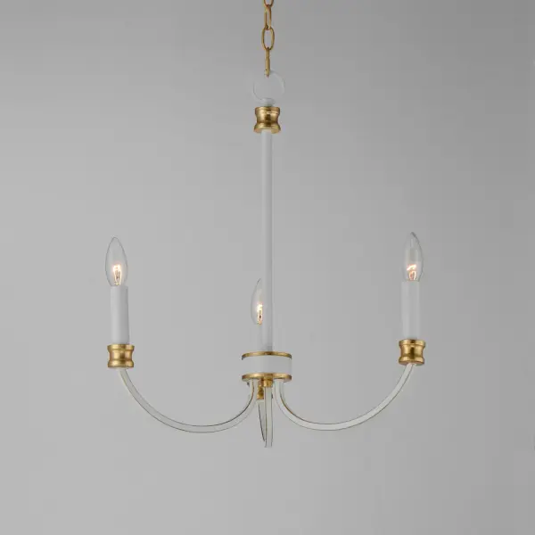 A lovely candelabra style collection with rich accents. This seemingly simple chandelier highlights classically curving accents in a stately combination of Black with Antique Brass accents or chic Weathered White with Gold Leaf accents. Taking a streamlined approach to the archetypal chandelier form, this series updates uses squared tubing to subtly modernize an approachable design with exposed candelabra lighting. Collection: Charlton Finish: Weathered White/Gold Leaf Width: 20.00" Height: 21.00" Weight: 3.15 lb Chain: 36" Wire: 120" Canopy: 5"x5"x0.75" Number of Bulbs: 3 Maximum Wattage: 60.00 W Bulb Type: B10 Bulb Base: E12 Candelabra Light Source: Incandescent Dimmable Rated Average Life: 2500 Voltage: 120.00 V Material: Steel Safety Listing: cULus Safety Rating: Dry Spec Sheet Instructions - alternate view