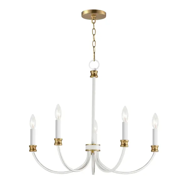 A lovely candelabra style collection with rich accents. This seemingly simple chandelier highlights classically curving accents in a stately combination of Black with Antique Brass accents or chic Weathered White with Gold Leaf accents. Taking a streamlined approach to the archetypal chandelier form, this series updates uses squared tubing to subtly modernize an approachable design with exposed candelabra lighting. Collection: Charlton Finish: Weathered White/Gold Leaf Width: 26.00" Height: 22.00" Weight: 4.41 lb Chain: 36" Wire: 120" Canopy: 5"x5"x0.75" Number of Bulbs: 5 Maximum Wattage: 60.00 W Bulb Type: B10 Bulb Base: E12 Candelabra Light Source: Incandescent Dimmable Voltage: 120.00 V Material: Steel Safety Listing: cULus Safety Rating: Dry Spec Sheet Instructions