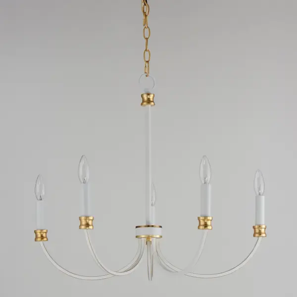 A lovely candelabra style collection with rich accents. This seemingly simple chandelier highlights classically curving accents in a stately combination of Black with Antique Brass accents or chic Weathered White with Gold Leaf accents. Taking a streamlined approach to the archetypal chandelier form, this series updates uses squared tubing to subtly modernize an approachable design with exposed candelabra lighting. Collection: Charlton Finish: Weathered White/Gold Leaf Width: 26.00" Height: 22.00" Weight: 4.41 lb Chain: 36" Wire: 120" Canopy: 5"x5"x0.75" Number of Bulbs: 5 Maximum Wattage: 60.00 W Bulb Type: B10 Bulb Base: E12 Candelabra Light Source: Incandescent Dimmable Voltage: 120.00 V Material: Steel Safety Listing: cULus Safety Rating: Dry Spec Sheet Instructions - alternate view