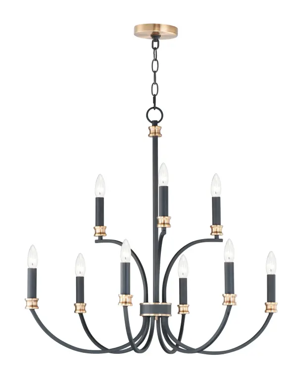 A lovely candelabra style collection with rich accents. This seemingly simple chandelier highlights classically curving accents in a stately combination of Black with Antique Brass accents or chic Weathered White with Gold Leaf accents. Taking a streamlined approach to the archetypal chandelier form, this series updates uses squared tubing to subtly modernize an approachable design with exposed candelabra lighting.