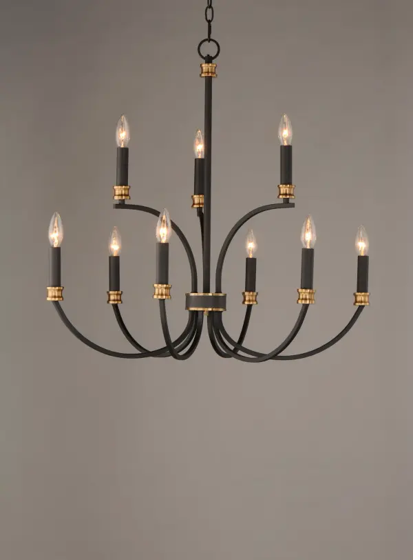 A lovely candelabra style collection with rich accents. This seemingly simple chandelier highlights classically curving accents in a stately combination of Black with Antique Brass accents or chic Weathered White with Gold Leaf accents. Taking a streamlined approach to the archetypal chandelier form, this series updates uses squared tubing to subtly modernize an approachable design with exposed candelabra lighting. - alternate view