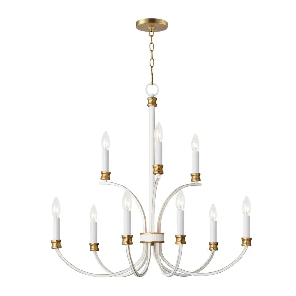 A lovely candelabra style collection with rich accents. This seemingly simple chandelier highlights classically curving accents in a stately combination of Black with Antique Brass accents or chic Weathered White with Gold Leaf accents. Taking a streamlined approach to the archetypal chandelier form, this series updates uses squared tubing to subtly modernize an approachable design with exposed candelabra lighting. Collection: Charlton Finish: Weathered White/Gold Leaf Width: 30.00" Height: 28.25" Weight: 9.26 lb Chain: 72" Wire: 120" Canopy: 5"x0.75" Number of Bulbs: 9 Maximum Wattage: 60.00 W Bulb Type: B10 Bulb Base: E12 Candelabra Light Source: Incandescent Dimmable Voltage: 120.00 V Material: Steel Safety Listing: cETLus Safety Rating: Dry Spec Sheet Instructions