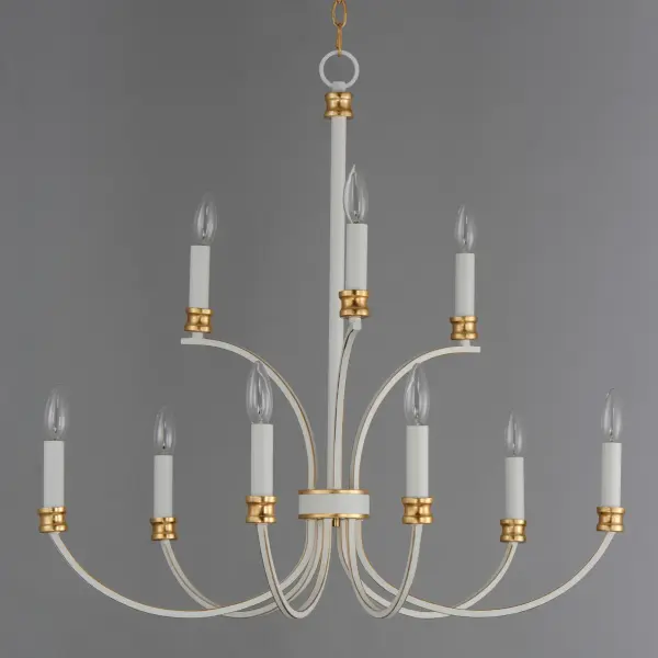 A lovely candelabra style collection with rich accents. This seemingly simple chandelier highlights classically curving accents in a stately combination of Black with Antique Brass accents or chic Weathered White with Gold Leaf accents. Taking a streamlined approach to the archetypal chandelier form, this series updates uses squared tubing to subtly modernize an approachable design with exposed candelabra lighting. Collection: Charlton Finish: Weathered White/Gold Leaf Width: 30.00" Height: 28.25" Weight: 9.26 lb Chain: 72" Wire: 120" Canopy: 5"x0.75" Number of Bulbs: 9 Maximum Wattage: 60.00 W Bulb Type: B10 Bulb Base: E12 Candelabra Light Source: Incandescent Dimmable Voltage: 120.00 V Material: Steel Safety Listing: cETLus Safety Rating: Dry Spec Sheet Instructions - alternate view