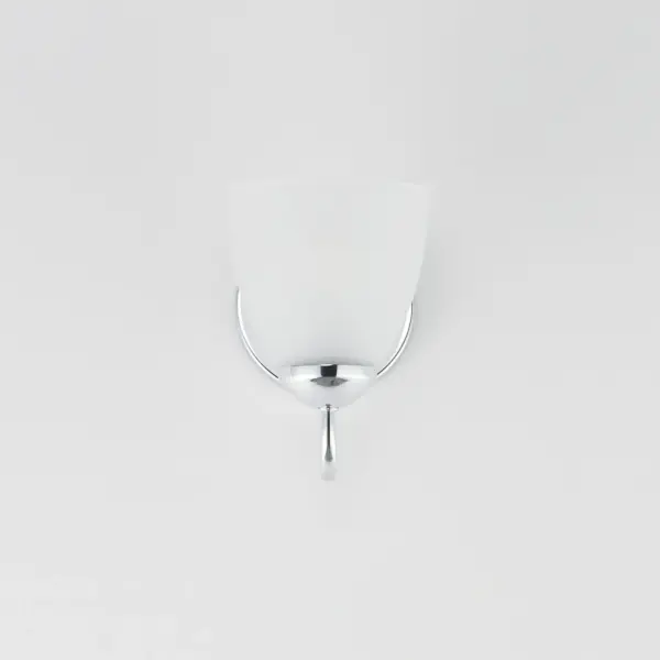 This transitional design works in any style home. Full length oval backplates support simple bell-shaped, Frosted glass shades. Available in Satin Nickel, Matte Black, and Polished Chrome. Collection: Axis Finish: Polished Chrome Glass: Frosted Width: 5.00" Height: 7.50" Weight: 1.72 lb Extension from Wall: 8.50" Wire: 8" Canopy: 5"x5" Number of Bulbs: 1 Maximum Wattage: 60.00 W Bulb Type: E26 Bulb Base: E26 Medium Light Source: Incandescent Dimmable Voltage: 120.00 V Material: Steel + Glass Safety Listing: cULus Safety Rating: Damp Manufacturer Warranty: 3 Spec Sheet Instructions - alternate view