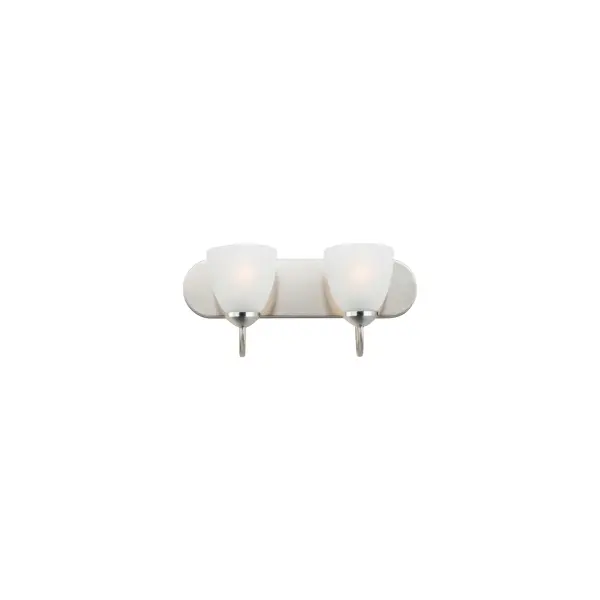 This transitional design works in any style home. Full length oval backplates support simple bell-shaped, Frosted glass shades. Available in Satin Nickel, Matte Black, and Polished Chrome. Collection: Axis Finish: Polished Chrome Glass: Frosted Width: 18.00" Height: 7.50" Weight: 4.07 lb Extension from Wall: 8.50" Wire: 8" Canopy: 5"x18" Number of Bulbs: 2 Maximum Wattage: 60.00 W Bulb Type: E26 Bulb Base: E26 Medium Light Source: Incandescent Dimmable Voltage: 120.00 V Material: Steel + Glass Safety Listing: cULus Safety Rating: Damp Manufacturer Warranty: 3 Spec Sheet Instructions