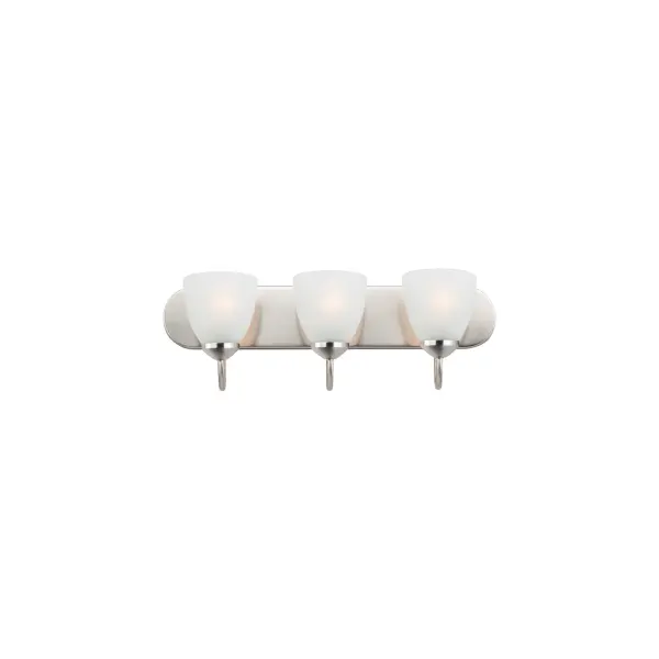 This transitional design works in any style home. Full length oval backplates support simple bell-shaped, Frosted glass shades. Available in Satin Nickel, Matte Black, and Polished Chrome. Collection: Axis Finish: Polished Chrome Glass: Frosted Width: 24.00" Height: 7.50" Weight: 5.76 lb Extension from Wall: 8.50" Wire: 8" Canopy: 5"x24" Number of Bulbs: 3 Maximum Wattage: 60.00 W Bulb Type: E26 Bulb Base: E26 Medium Light Source: Incandescent Dimmable Voltage: 120.00 V Material: Steel + Glass Safety Listing: cULus Safety Rating: Damp Manufacturer Warranty: 3 Spec Sheet Instructions