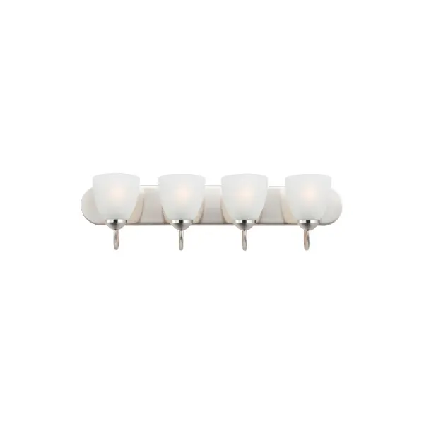 This transitional design works in any style home. Full length oval backplates support simple bell-shaped, Frosted glass shades. Available in Satin Nickel, Matte Black, and Polished Chrome. Collection: Axis Finish: Polished Chrome Glass: Frosted Width: 30.00" Height: 7.50" Weight: 7.94 lb Extension from Wall: 8.00" Wire: 8" Canopy: 5"x30" Number of Bulbs: 4 Maximum Wattage: 60.00 W Bulb Type: E26 Bulb Base: E26 Medium Light Source: Incandescent Dimmable Voltage: 120.00 V Material: Steel, Glass Safety Listing: cETLus Safety Rating: Damp Manufacturer Warranty: 3 Spec Sheet Instructions