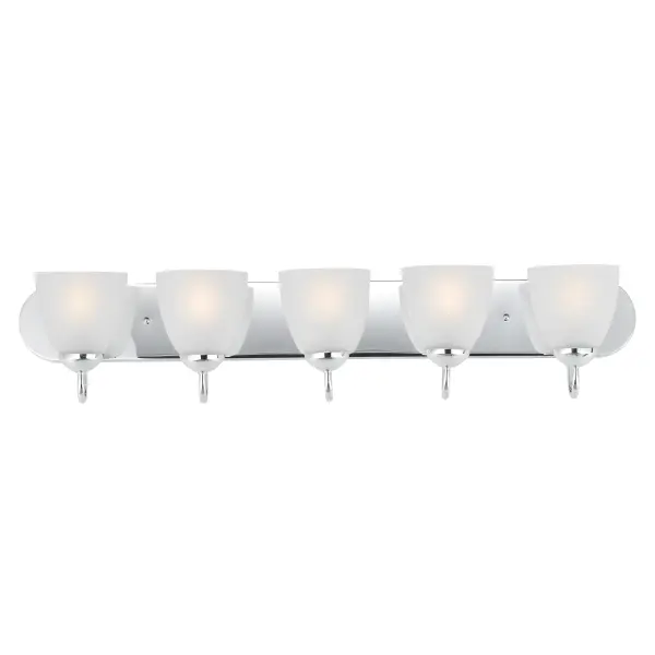 This transitional design works in any style home. Full length oval backplates support simple bell-shaped, Frosted glass shades. Available in Satin Nickel, Matte Black, and Polished Chrome. Collection: Axis Finish: Polished Chrome Glass: Frosted Width: 36.00" Height: 7.50" Weight: 9.80 lb Extension from Wall: 8.50" Wire: 8" Canopy: 5"x36" Number of Bulbs: 5 Maximum Wattage: 60.00 W Bulb Type: E26 Bulb Base: E26 Medium Light Source: Incandescent Dimmable Voltage: 120.00 V Material: Steel + Glass Safety Listing: cULus Safety Rating: Damp Manufacturer Warranty: 3 Spec Sheet Instructions