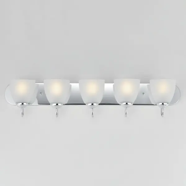 This transitional design works in any style home. Full length oval backplates support simple bell-shaped, Frosted glass shades. Available in Satin Nickel, Matte Black, and Polished Chrome. Collection: Axis Finish: Polished Chrome Glass: Frosted Width: 36.00" Height: 7.50" Weight: 9.80 lb Extension from Wall: 8.50" Wire: 8" Canopy: 5"x36" Number of Bulbs: 5 Maximum Wattage: 60.00 W Bulb Type: E26 Bulb Base: E26 Medium Light Source: Incandescent Dimmable Voltage: 120.00 V Material: Steel + Glass Safety Listing: cULus Safety Rating: Damp Manufacturer Warranty: 3 Spec Sheet Instructions - alternate view