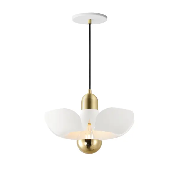 Incurved metal petals of Storm Grey or White finish with Satin Brass caps make oversized biophilic light fixtures. Available as wall sconces or pendants, the various configurations provide playful forms both nostalgic or youthful. Pair with a white G25 lamp or reflector lamp to complete the look. Collection: Poppy Finish: White/Satin Brass Width: 11.75" Height: 6.00" Length: 11.75" Weight: 1.65 lb Wire: 120" Canopy: 5"x5"x0.25" Bulbs Included Number of Bulbs: 1 Maximum Wattage: 4.00 W Bulb Type: G25 Bulb Base: E26 Medium Light Source: LED Light Output: 260.00 lm Color Temperature: 3000 K CRI: 90 Dimmable Rated Average Life: 25000 Voltage: 120.00 V Material: Aluminum,Steel Safety Rating: Dry LED Manufacturer Warranty: 1 Spec Sheet Instructions
