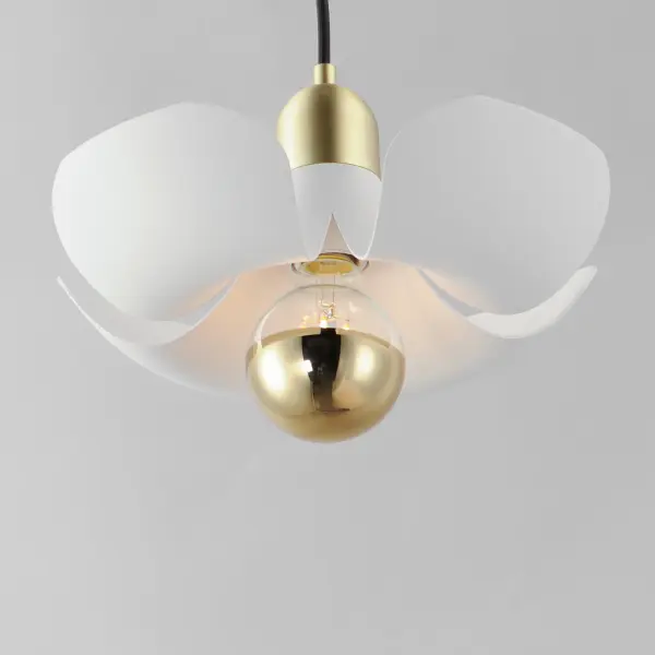 Incurved metal petals of Storm Grey or White finish with Satin Brass caps make oversized biophilic light fixtures. Available as wall sconces or pendants, the various configurations provide playful forms both nostalgic or youthful. Pair with a white G25 lamp or reflector lamp to complete the look. Collection: Poppy Finish: White/Satin Brass Width: 11.75" Height: 6.00" Length: 11.75" Weight: 1.65 lb Wire: 120" Canopy: 5"x5"x0.25" Bulbs Included Number of Bulbs: 1 Maximum Wattage: 4.00 W Bulb Type: G25 Bulb Base: E26 Medium Light Source: LED Light Output: 260.00 lm Color Temperature: 3000 K CRI: 90 Dimmable Rated Average Life: 25000 Voltage: 120.00 V Material: Aluminum,Steel Safety Rating: Dry LED Manufacturer Warranty: 1 Spec Sheet Instructions - alternate view