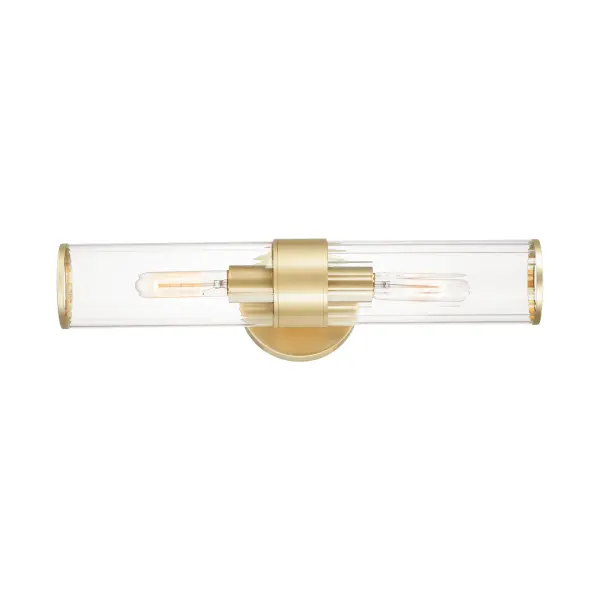 Simple, yet stylish, this minimal chandelier comes in your choice of Satin Brass or Matte Black bringing contemporary appeal. Clear Ribbed glass shades are fitted with rings in a coordinating color to complete the look. Collection: Crosby Finish: Satin Brass Glass: Clear Ribbed Width: 5.00" Height: 19.50" Weight: 2.31 lb Extension from Wall: 5.00" Wire: 8" Canopy: 0.75"x5" Number of Bulbs: 2 Maximum Wattage: 60.00 W Bulb Type: T Bulb Base: E26 Medium Light Source: Incandescent Dimmable Voltage: 120.00 V Material: Steel+Glass Safety Rating: Damp Manufacturer Warranty: 1 Spec Sheet Instructions Parts Diagram