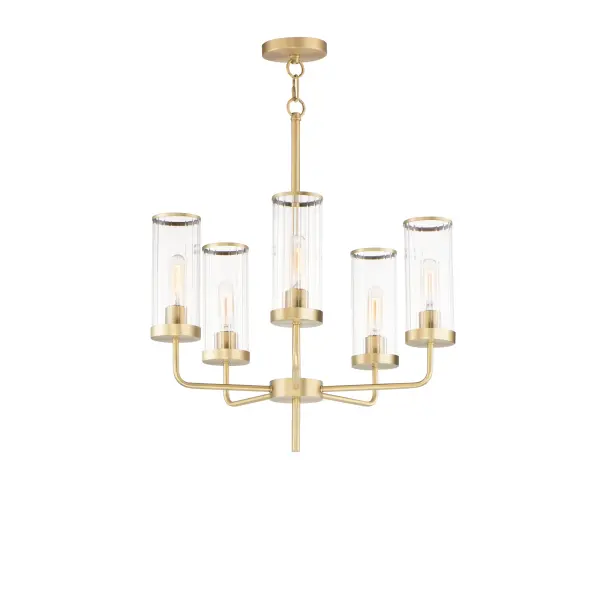 Simple, yet stylish, this minimal chandelier comes in your choice of Satin Brass or Matte Black bringing contemporary appeal. Clear Ribbed glass shades are fitted with rings in a coordinating color to complete the look.