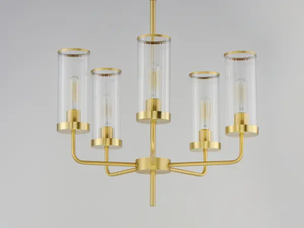 Simple, yet stylish, this minimal chandelier comes in your choice of Satin Brass or Matte Black bringing contemporary appeal. Clear Ribbed glass shades are fitted with rings in a coordinating color to complete the look. - alternate view