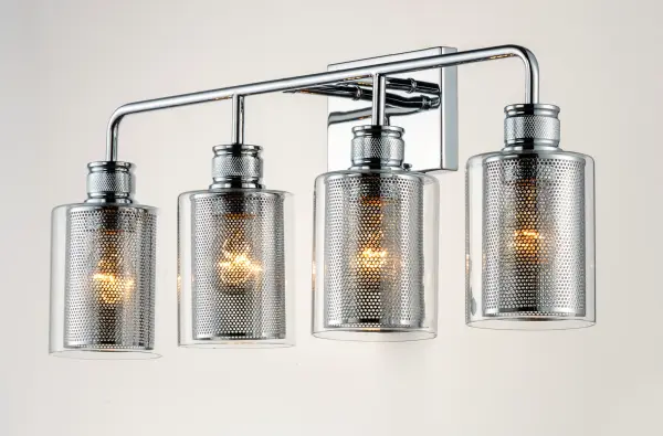 Clear glass cylinders lined with mesh screen are supported by knurled cups of Polished Chrome creates a contemporary design with an industrial twist. This economical collection provides a designer - alternate view