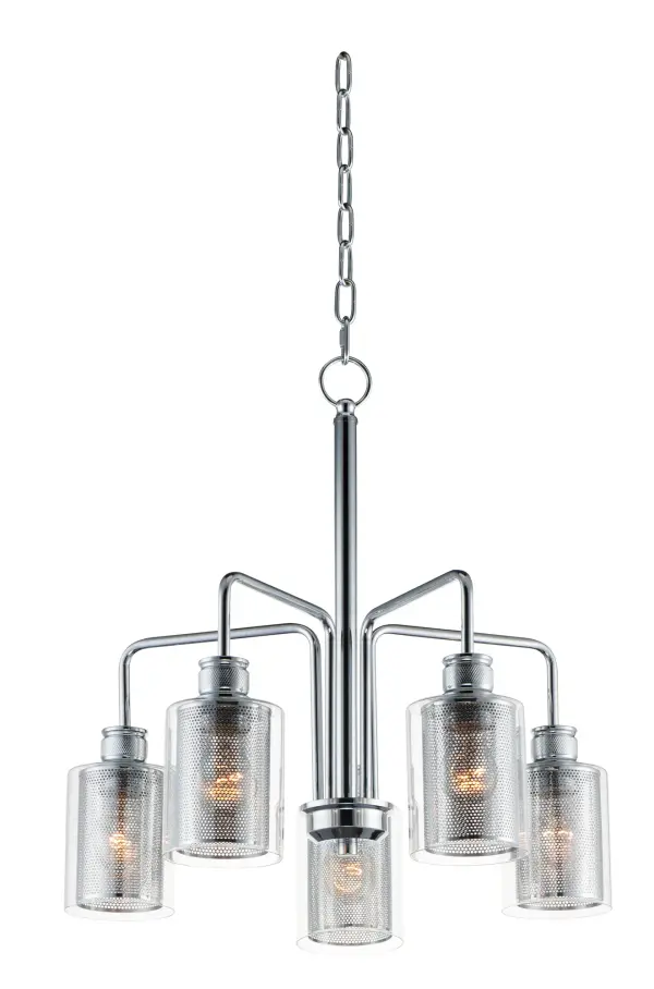 Clear glass cylinders lined with mesh screen are supported by knurled cups of Polished Chrome creates a contemporary design with an industrial twist. This economical collection provides a designer