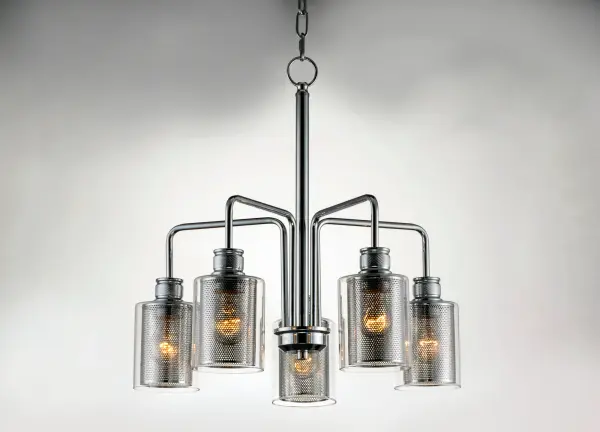 Clear glass cylinders lined with mesh screen are supported by knurled cups of Polished Chrome creates a contemporary design with an industrial twist. This economical collection provides a designer - alternate view