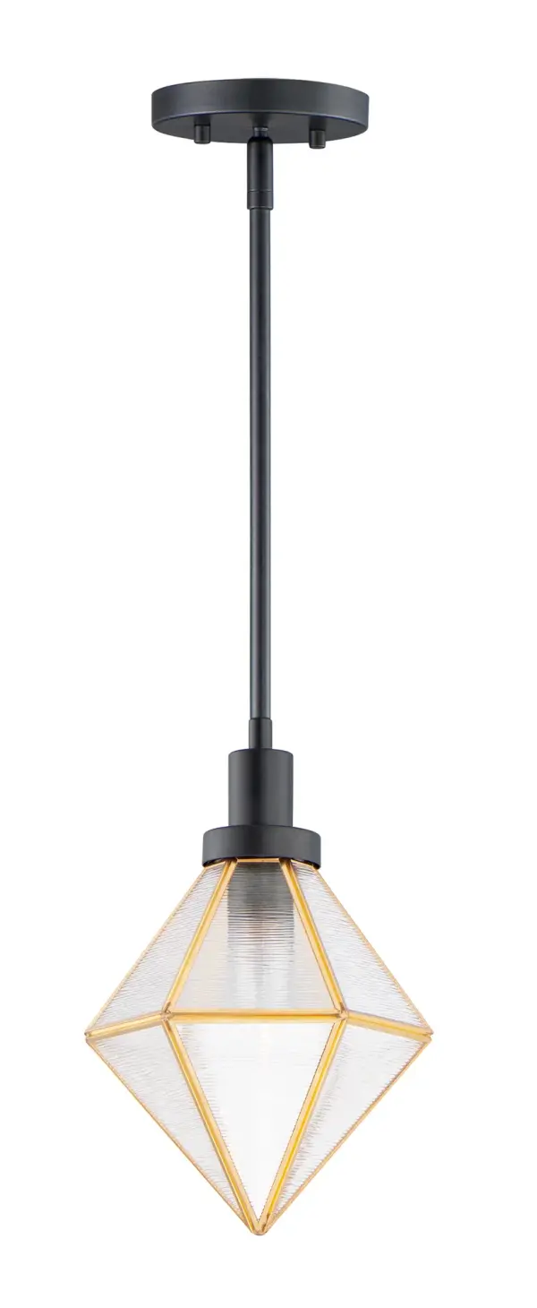 A diamond constructed of brass and aluminum, Adorn reimagines classic Bound Glass fixture by opting for a Black and Burnished Brass finish and distinct Ripple glass panels. The wall mounts are made of brass and aluminum which makes them suitable for outdoors as well as indoors. Collection: Adorn Finish: Black / Burnished Brass Width: 8.00" Height: 11.50" Length: 8.00" Weight: 3.53 lb Wire: 120" Canopy: 5.125"x5.125"x0.75" Number of Bulbs: 1 Maximum Wattage: 60.00 W Bulb Type: A19 Bulb Base: E26 Medium Light Source: Incandescent Dimmable Voltage: 120.00 V Material: Brass, Glass, Steel Safety Listing: cULus Safety Rating: Dry Manufacturer Warranty: 1 Spec Sheet Instructions Parts Diagram