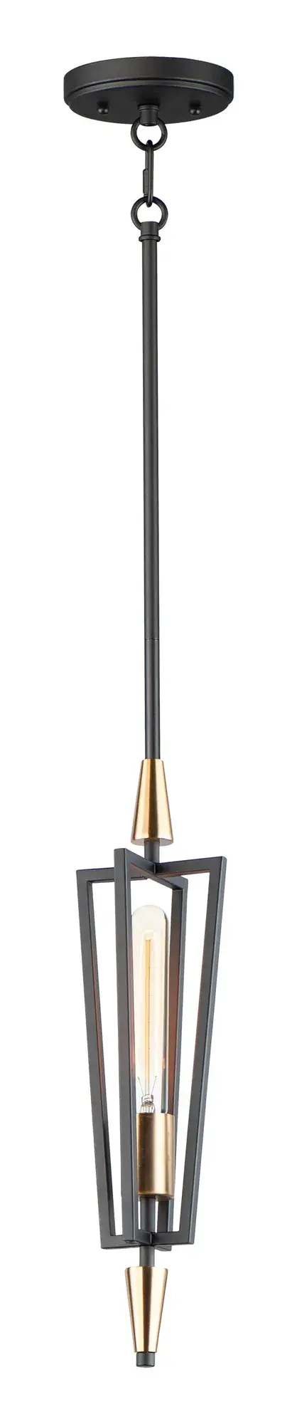 Sharp lines radiate from a pointed pin central body creating geometric angled wings that are sandwiched between matching conical fonts. Finished in a combination Antique Brass and Black, this collection is both contemporary and warm. Complete this look with vintage T10 light bulbs to for the full effect.
