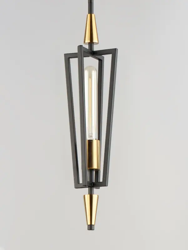 Sharp lines radiate from a pointed pin central body creating geometric angled wings that are sandwiched between matching conical fonts. Finished in a combination Antique Brass and Black, this collection is both contemporary and warm. Complete this look with vintage T10 light bulbs to for the full effect. - alternate view
