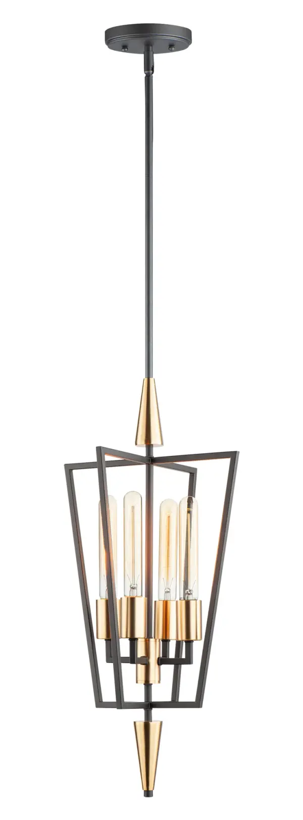 Sharp lines radiate from a pointed pin central body creating geometric angled wings that are sandwiched between matching conical fonts. Finished in a combination Antique Brass and Black, this collection is both contemporary and warm. Complete this look with vintage T10 light bulbs to for the full effect.