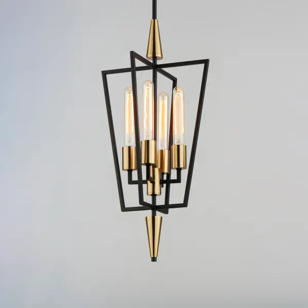 Sharp lines radiate from a pointed pin central body creating geometric angled wings that are sandwiched between matching conical fonts. Finished in a combination Antique Brass and Black, this collection is both contemporary and warm. Complete this look with vintage T10 light bulbs to for the full effect. - alternate view