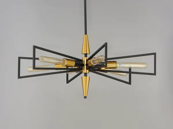 Sharp lines radiate from a pointed pin central body creating geometric angled wings that are sandwiched between matching conical fonts. Finished in a combination Antique Brass and Black, this collection is both contemporary and warm. Complete this look with vintage T10 light bulbs to for the full effect. - alternate view