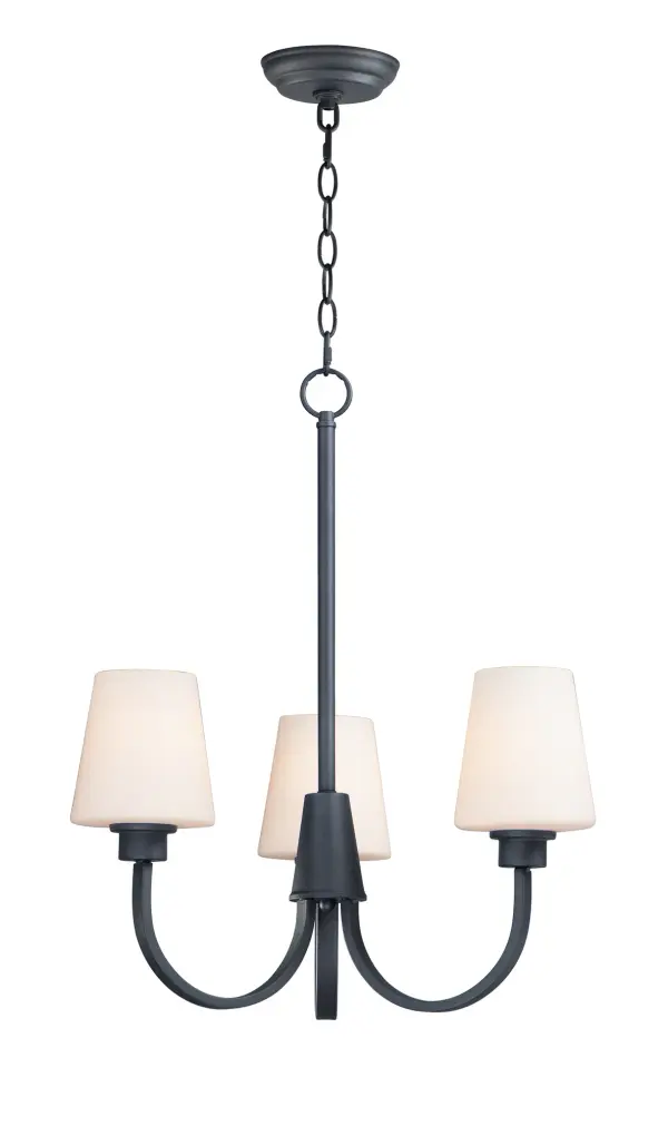 Graceful arcs of rectangular tubing transition to round cups that support tapered Satin White glass shades creating a crisp and clean transitional design. The frame is finished in your choice of Satin Nickel or Black which bridges modern and transitional design aesthetics.