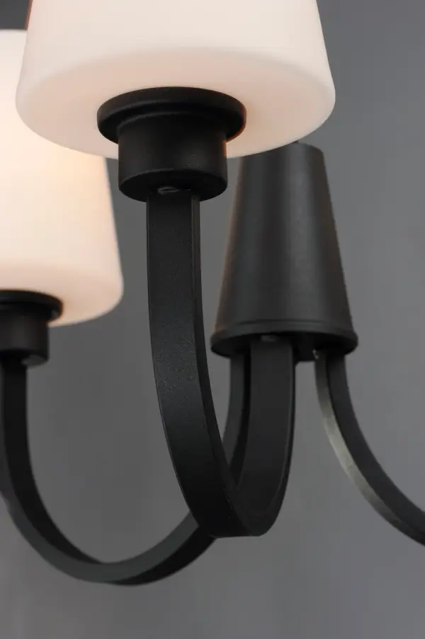 Graceful arcs of rectangular tubing transition to round cups that support tapered Satin White glass shades creating a crisp and clean transitional design. The frame is finished in your choice of Satin Nickel or Black which bridges modern and transitional design aesthetics. - alternate view
