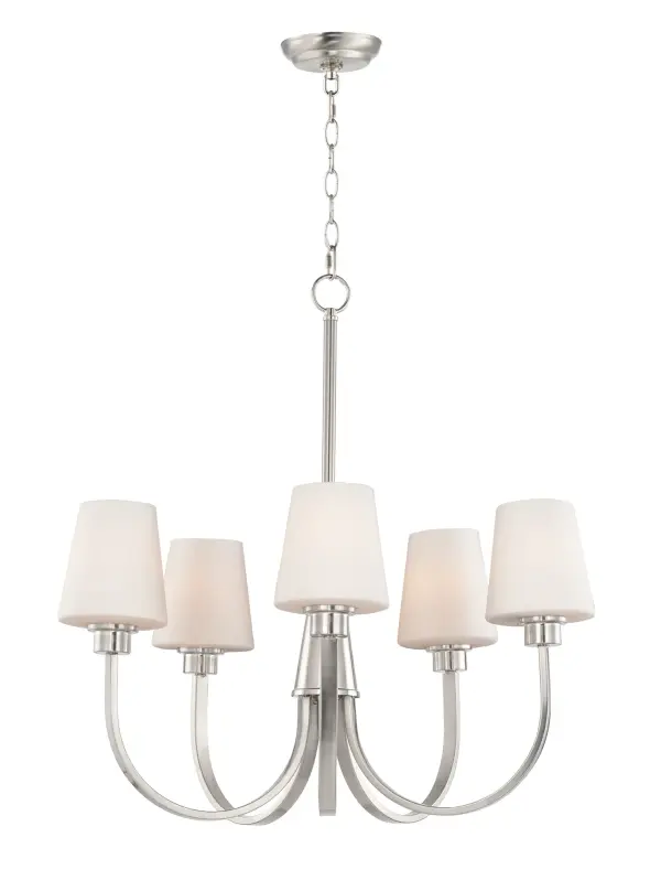 Graceful arcs of rectangular tubing transition to round cups that support tapered Satin White glass shades creating a crisp and clean transitional design. The frame is finished in your choice of Satin Nickel or Black which bridges modern and transitional design aesthetics.