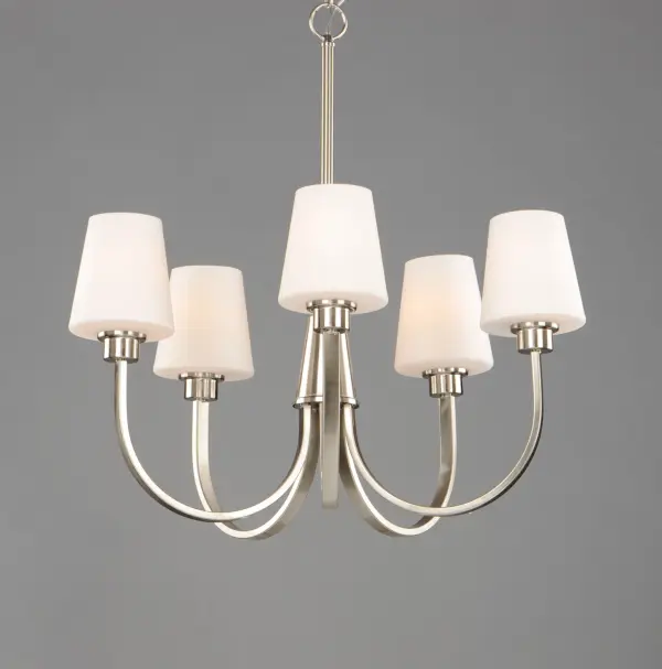 Graceful arcs of rectangular tubing transition to round cups that support tapered Satin White glass shades creating a crisp and clean transitional design. The frame is finished in your choice of Satin Nickel or Black which bridges modern and transitional design aesthetics. - alternate view