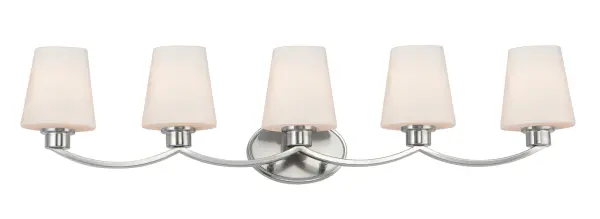 Graceful arcs of rectangular tubing transition to round cups that support tapered Satin White glass shades creating a crisp and clean transitional design. The frame is finished in your choice of Satin Nickel or Black which bridges modern and transitional design aesthetics. Collection: Shelter Finish: Satin Nickel Glass: Satin White Width: 37.50" Height: 9.50" Length: 6.50" Weight: 6.71 lb Extension from Wall: 6.50" Wire: 10" Canopy: 4.5"x7" Number of Bulbs: 5 Maximum Wattage: 60.00 W Bulb Type: A19 Bulb Base: E26 Medium Light Source: Incandescent Dimmable Voltage: 120.00 V Material: Steel, Glass Safety Listing: cULus Safety Rating: Damp Manufacturer Warranty: 1 Spec Sheet Instructions Parts Diagram