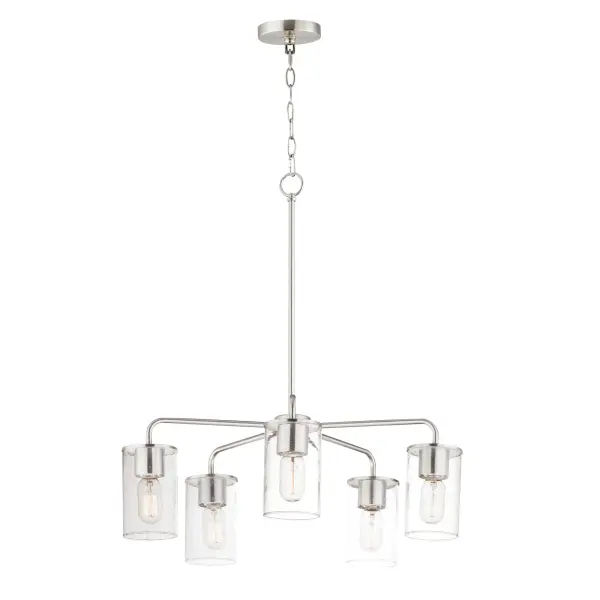 Cylinders in Clear Seeded glass on simple Satin Nickel frames or matte Black frames with Antiqued Brass socket covers. Pivoting arms on chandelier allow it to direct light up or down. Use filament lamps either tubular or Edison in shape for a Coastal or Industrial look, or use a traditional A19 to create a more transitional look. A full range of affordable lighting for the kitchen, dining room, bathroom, or bedroom that easily complements fashionable finishes and lasting styles.