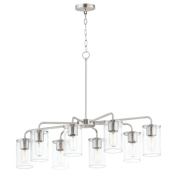 Cylinders in Clear Seeded glass on simple Satin Nickel frames or matte Black frames with Antiqued Brass socket covers. Pivoting arms on chandelier allow it to direct light up or down. Use filament lamps either tubular or Edison in shape for a Coastal or Industrial look, or use a traditional A19 to create a more transitional look. A full range of affordable lighting for the kitchen, dining room, bathroom, or bedroom that easily complements fashionable finishes and lasting styles.