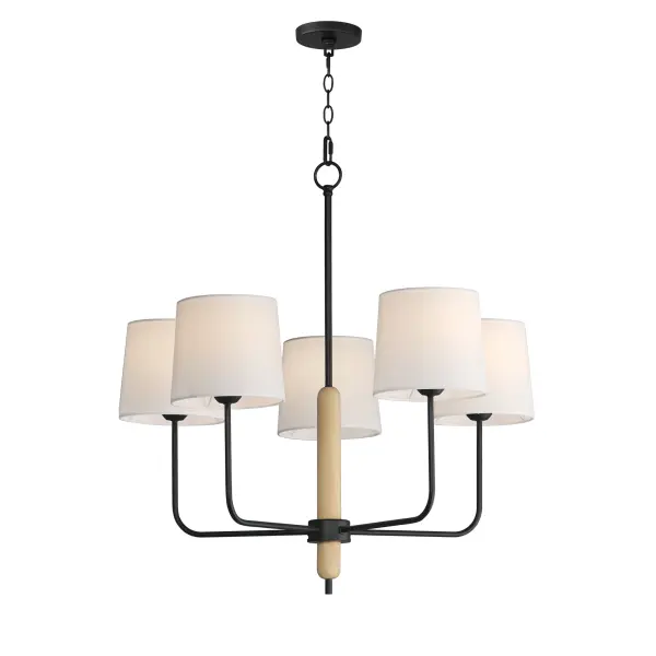 Natural White Oak wood details are featured plainly on a slim Matte Black metal frame. Oversized off-white linen shades cover sockets for a minimalist and natural look. Available in multiple configurations of chandelier and a wall sconce.